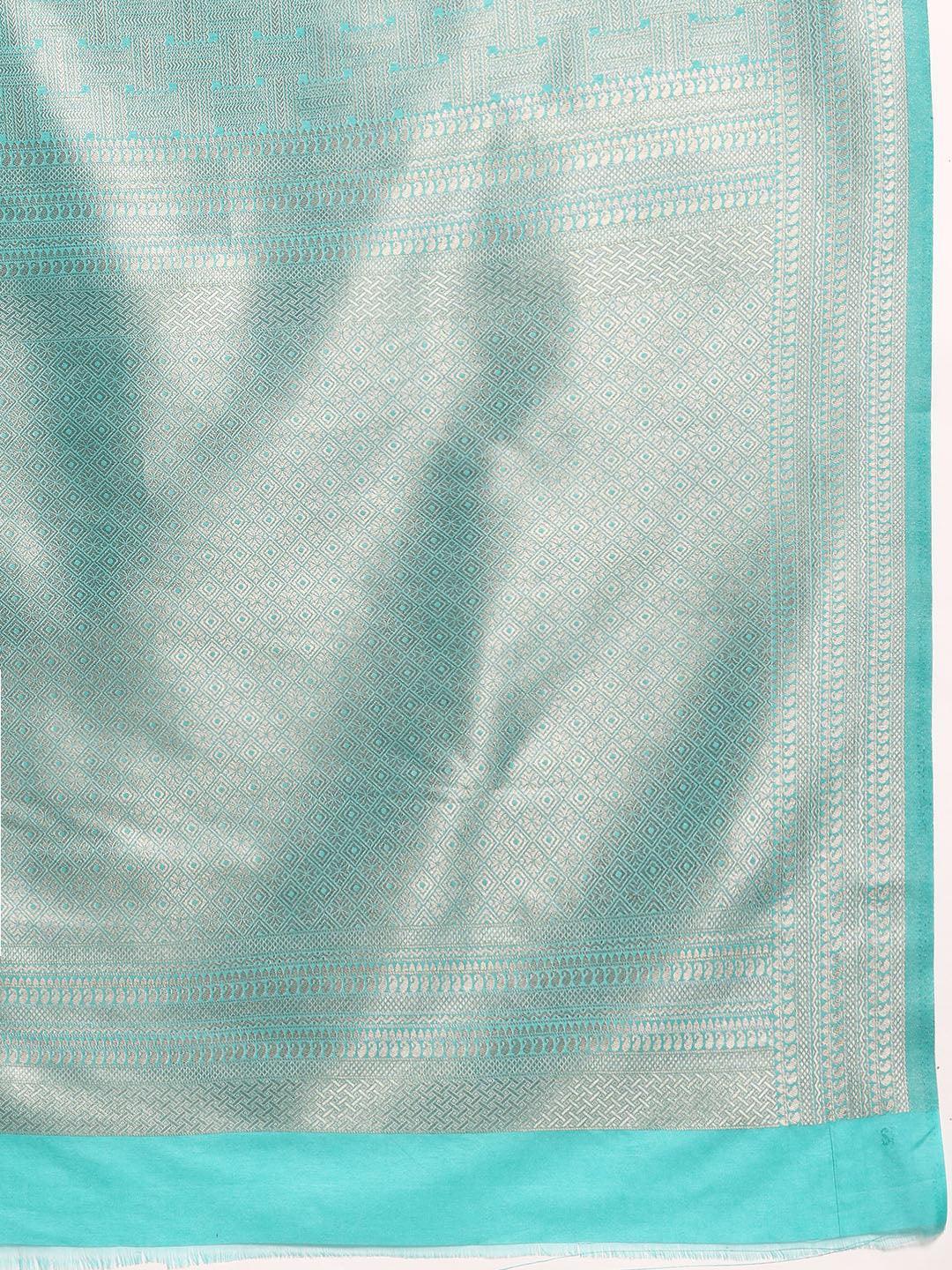 Turquoise Blue Woven Design Brocade Saree - ShopLibas