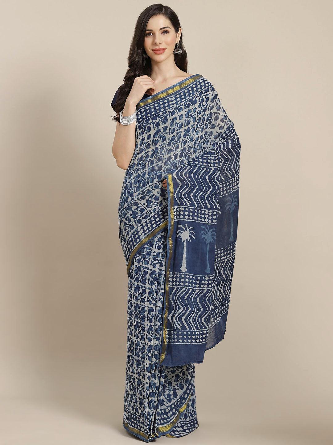 Blue Printed Cotton Saree - ShopLibas