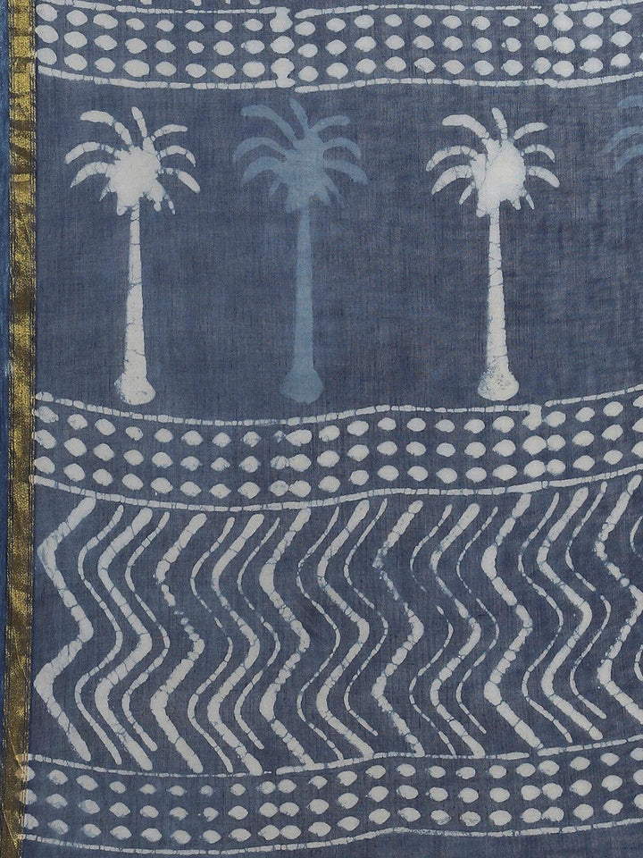 Blue Printed Cotton Saree - ShopLibas
