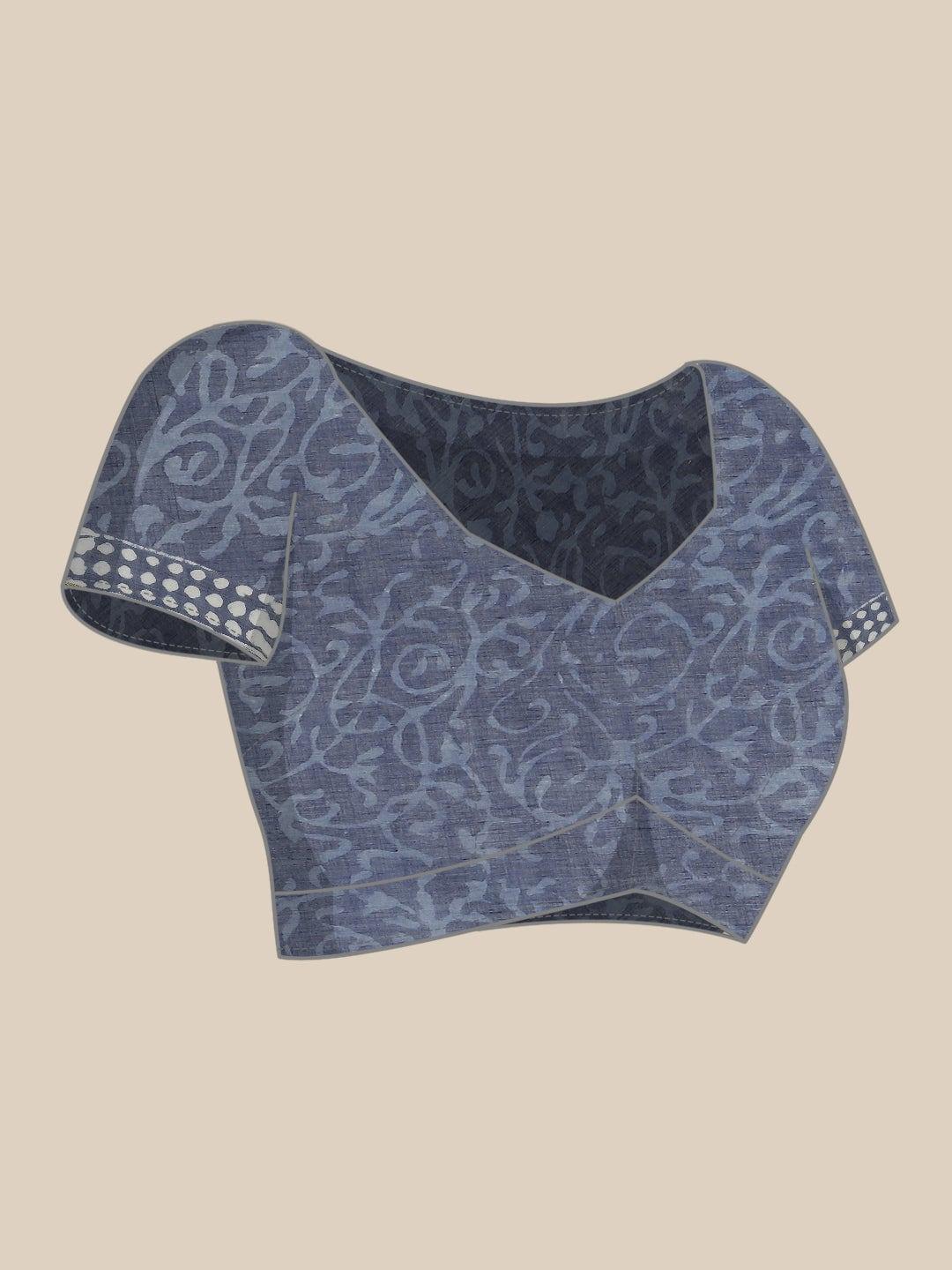 Blue Printed Cotton Saree - ShopLibas