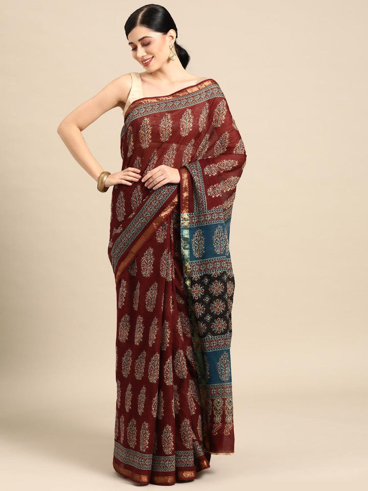 Maroon Printed Cotton Saree