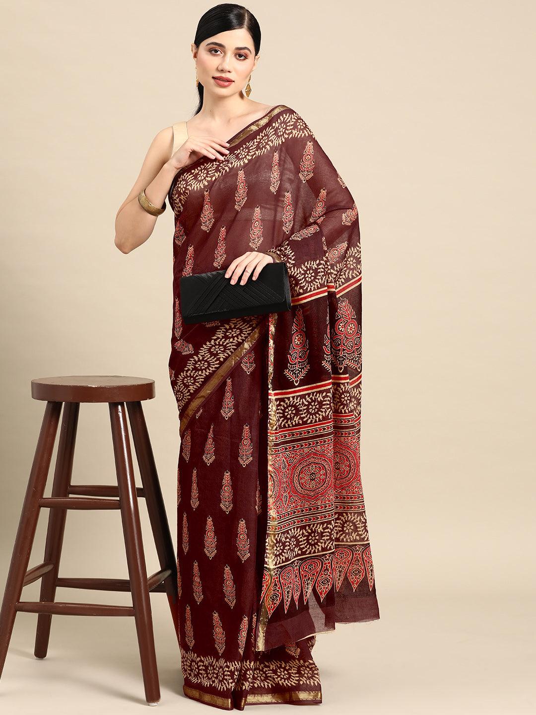Brown Printed Cotton Saree - ShopLibas