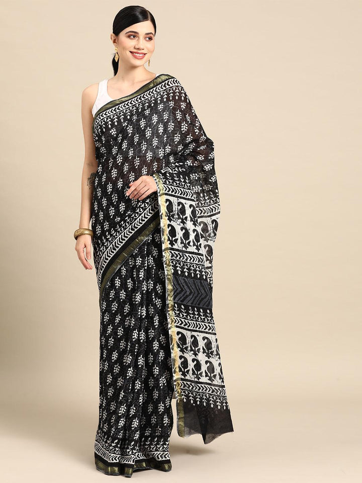 Black Printed Cotton Saree
