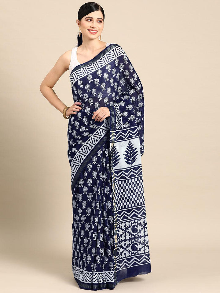 Blue Printed Cotton Saree