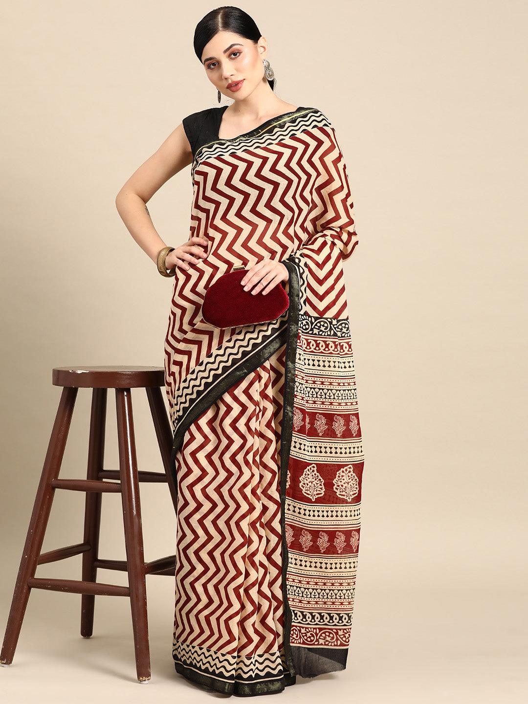 Beige Printed Cotton Saree - ShopLibas