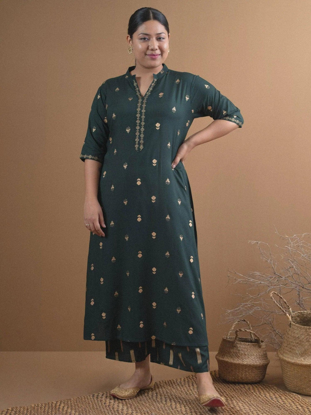 Plus Size Green Printed Rayon Kurta Set - ShopLibas