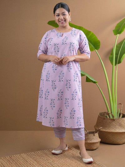 Plus Size Purple Printed Cotton Kurta Set - ShopLibas
