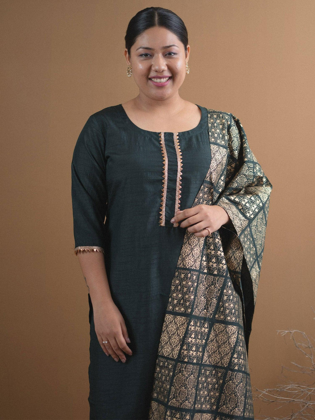 Plus Size Green Solid Chanderi Suit Set - ShopLibas