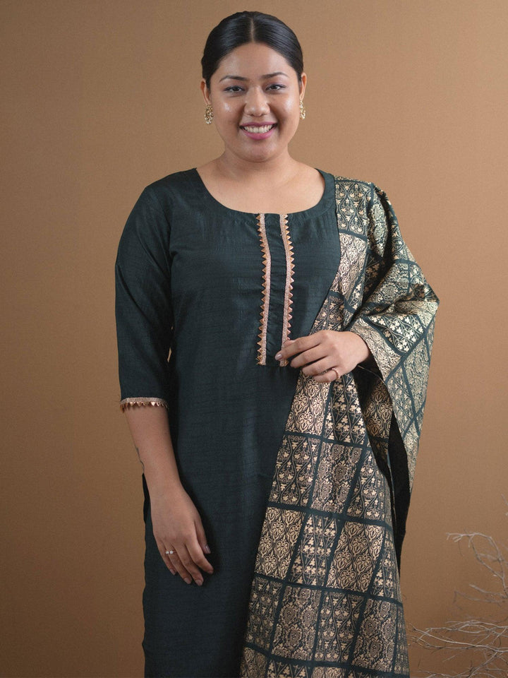 Plus Size Green Solid Chanderi Suit Set - ShopLibas