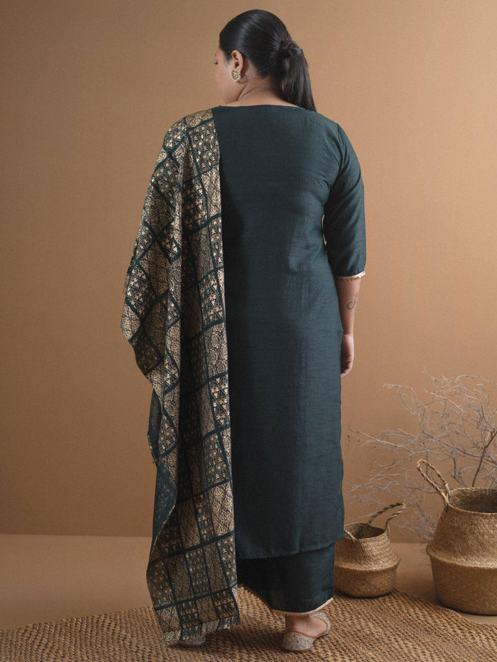 Plus Size Green Solid Chanderi Suit Set - ShopLibas