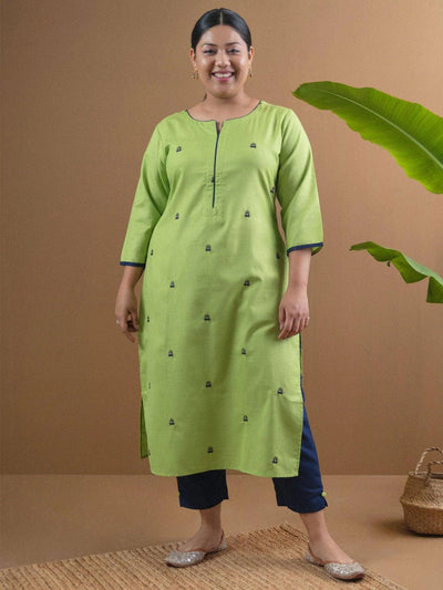 Plus Size Green Embroidered Cotton Kurta Set - ShopLibas