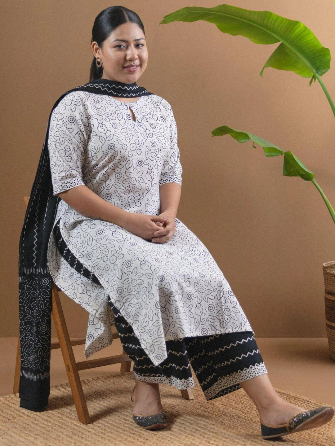 Plus Size White Printed Cotton Suit Set - ShopLibas