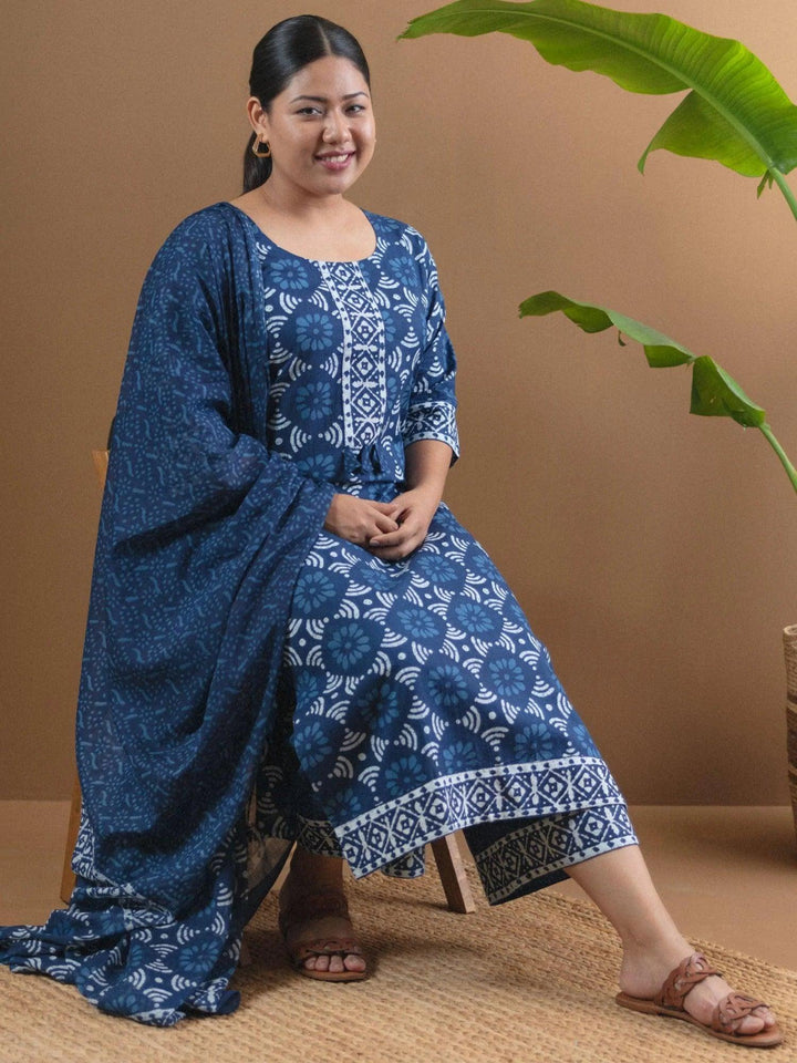 Plus Size Blue Printed Cotton Suit Set - ShopLibas