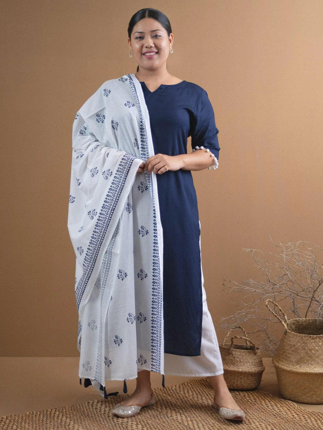 Plus Size Navy Blue Solid Rayon Suit Set - ShopLibas