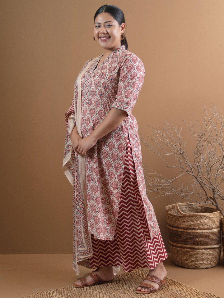 Plus Size Beige Printed Cotton Suit Set - ShopLibas