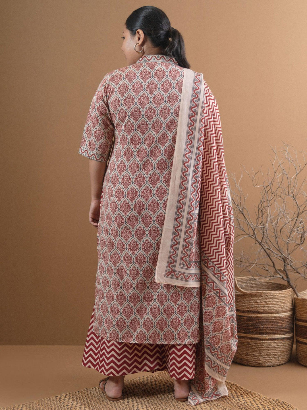 Plus Size Beige Printed Cotton Suit Set - ShopLibas