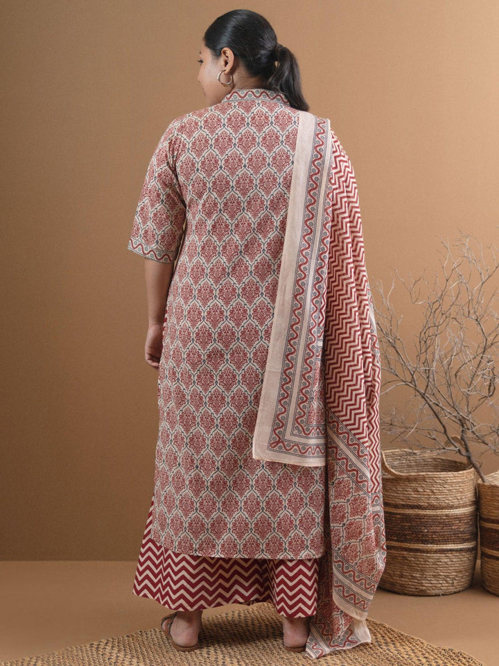 Plus Size Beige Printed Cotton Suit Set - ShopLibas
