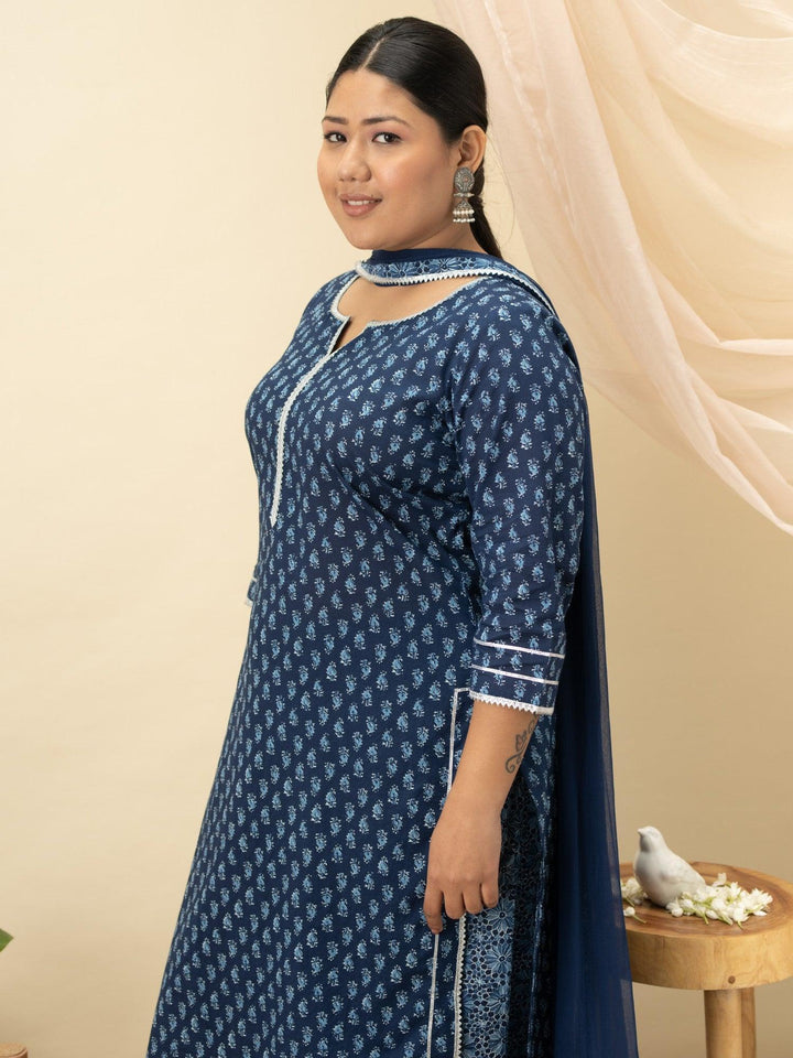 Plus Size Blue Printed Cotton Suit Set - ShopLibas