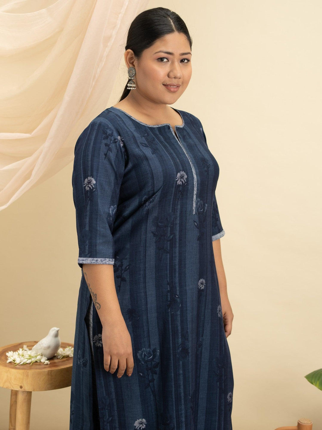 Plus Size Blue Printed Rayon Kurta Set - ShopLibas