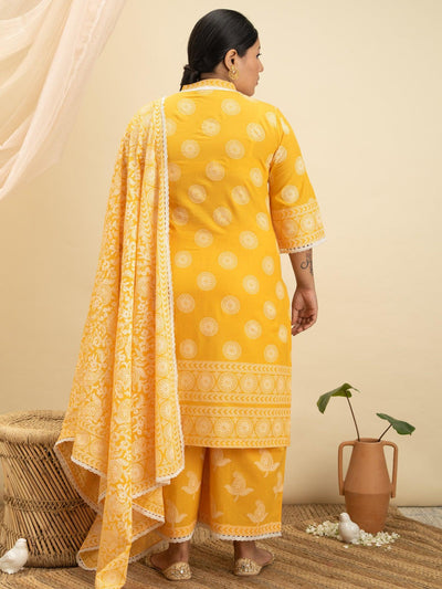 Plus Size Yellow Printed Cotton Suit Set - ShopLibas