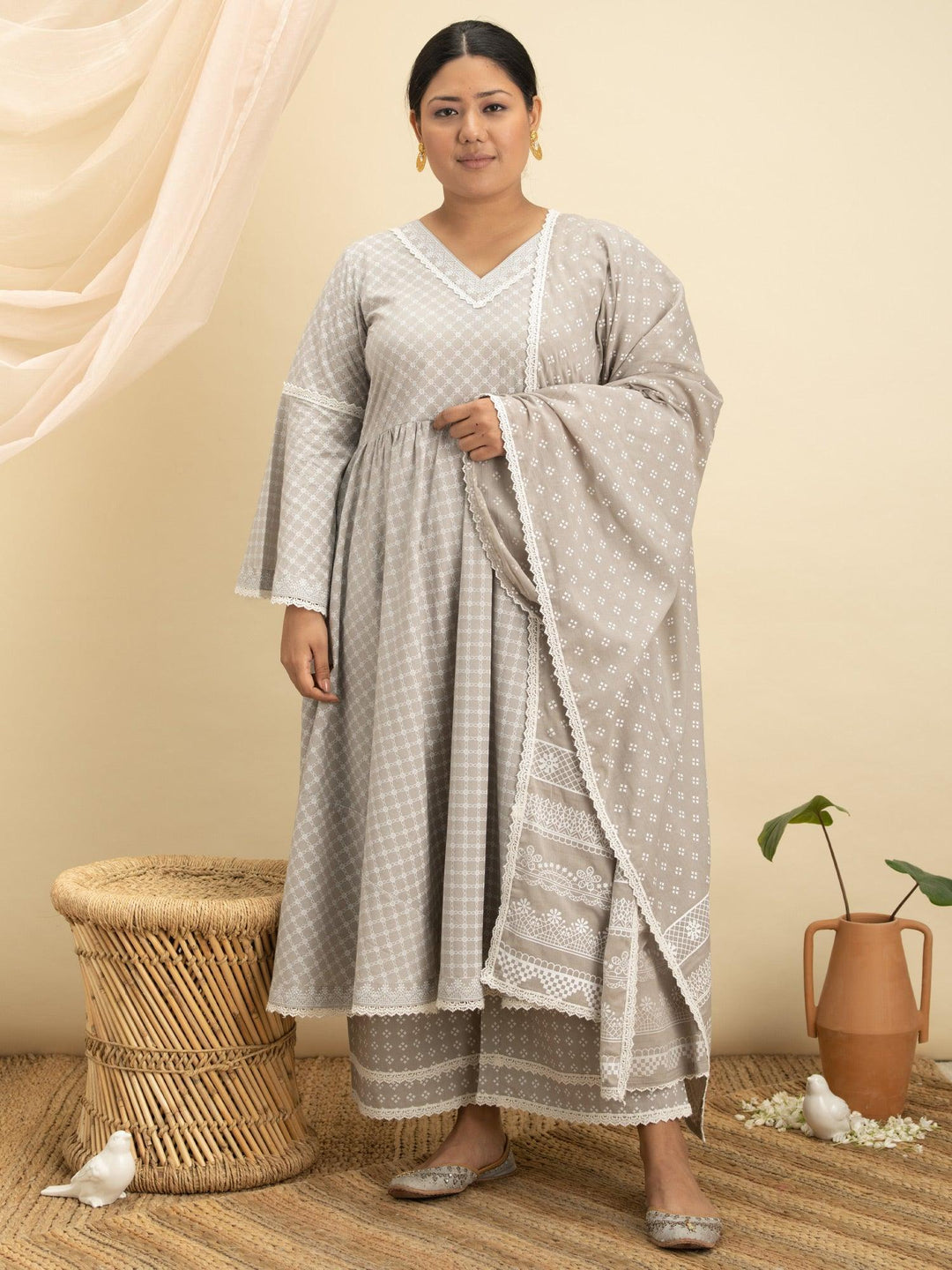 Plus Size Grey Printed Cotton Suit Set - ShopLibas