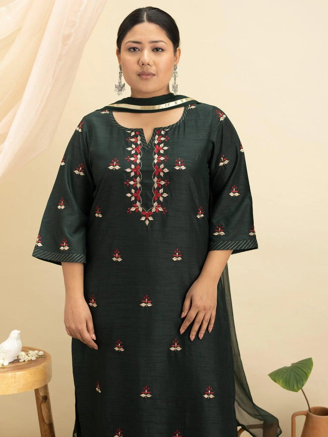 Plus Size Green Embroidered Silk Suit Set - ShopLibas 