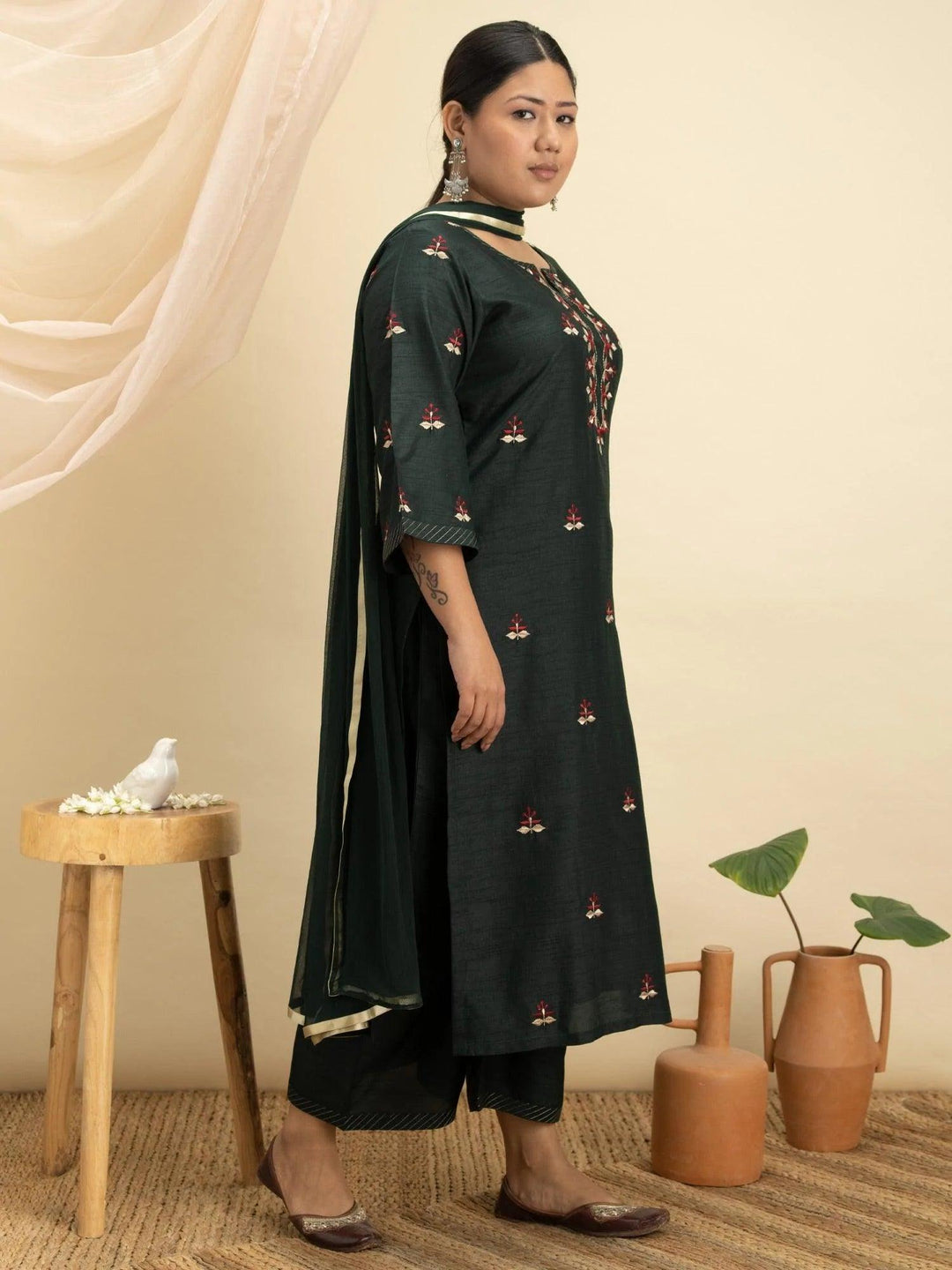 Plus Size Green Embroidered Silk Suit Set - ShopLibas 