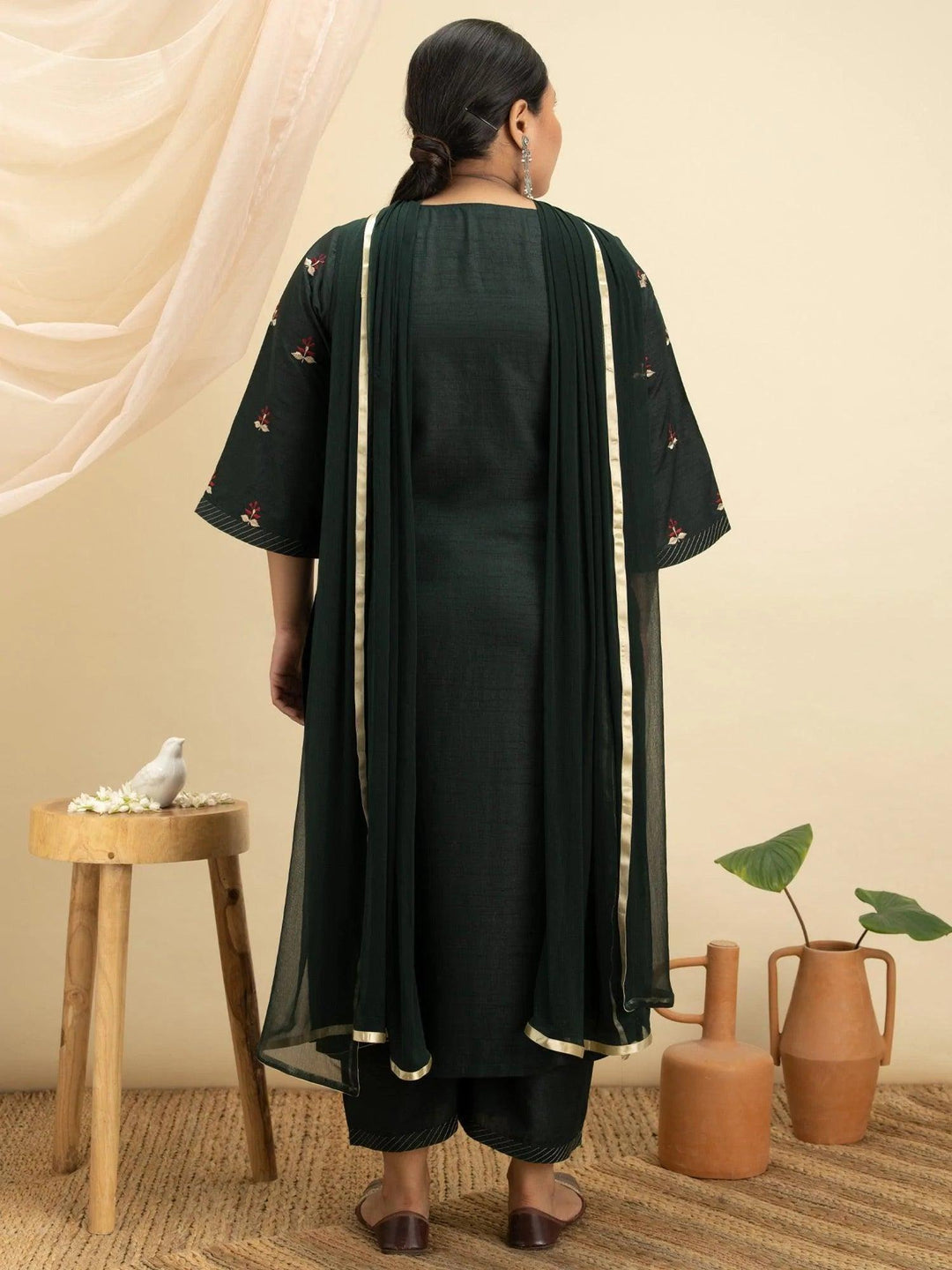 Plus Size Green Embroidered Silk Suit Set - ShopLibas 