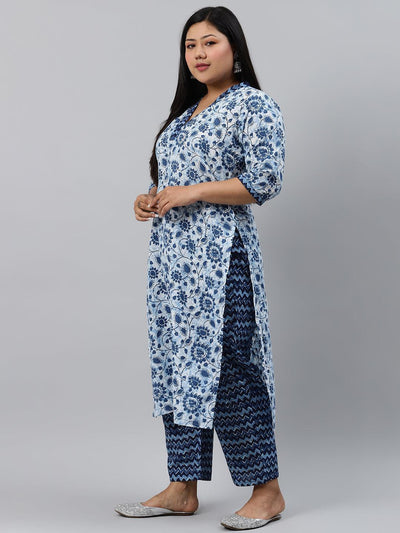 Plus Size Blue Printed Cotton Suit Set - ShopLibas
