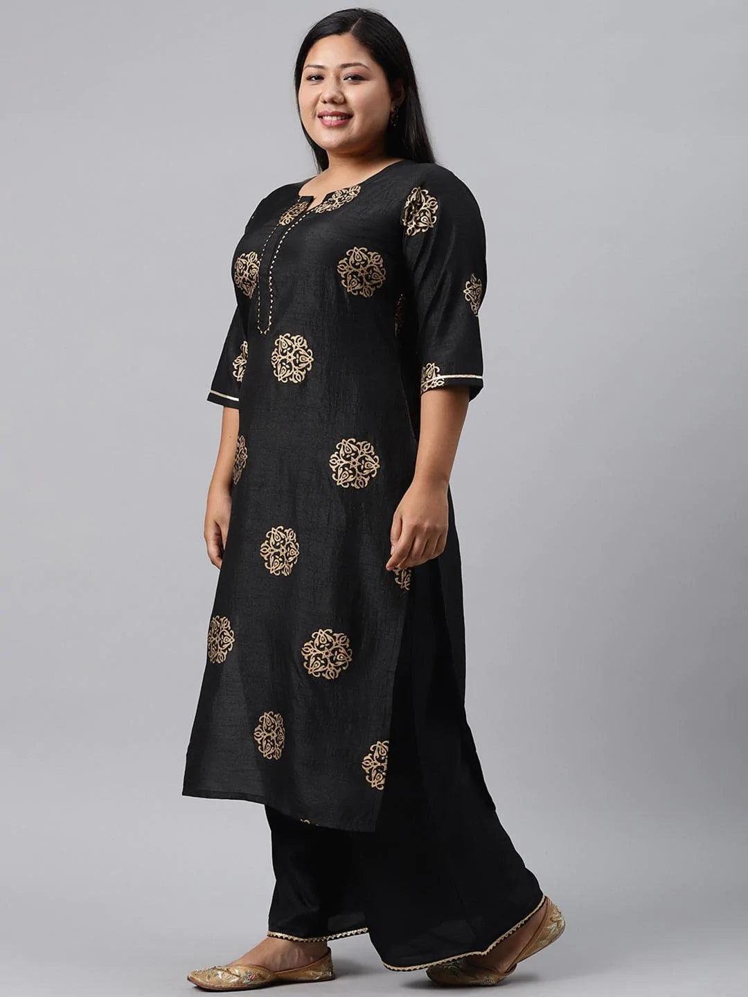 Plus Size Black Printed Silk Blend Suit Set - ShopLibas
