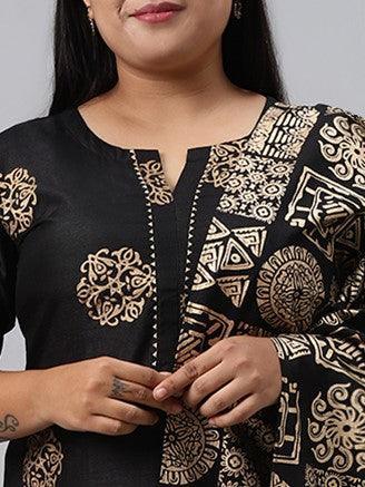Plus Size Black Printed Silk Blend Suit Set - ShopLibas