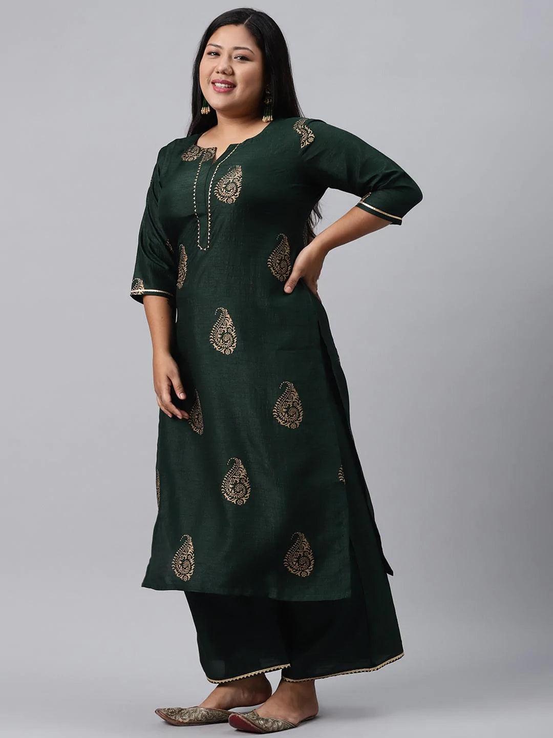 Plus Size Green Printed Silk Blend Suit Set - ShopLibas