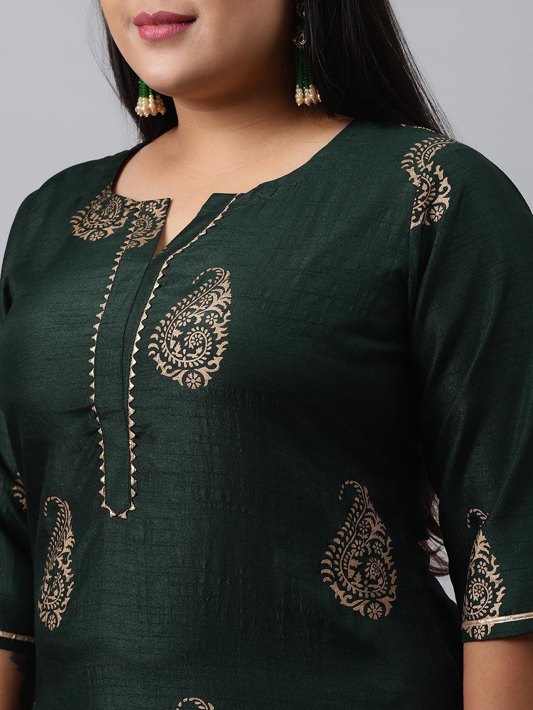 Plus Size Green Printed Silk Blend Suit Set - ShopLibas 