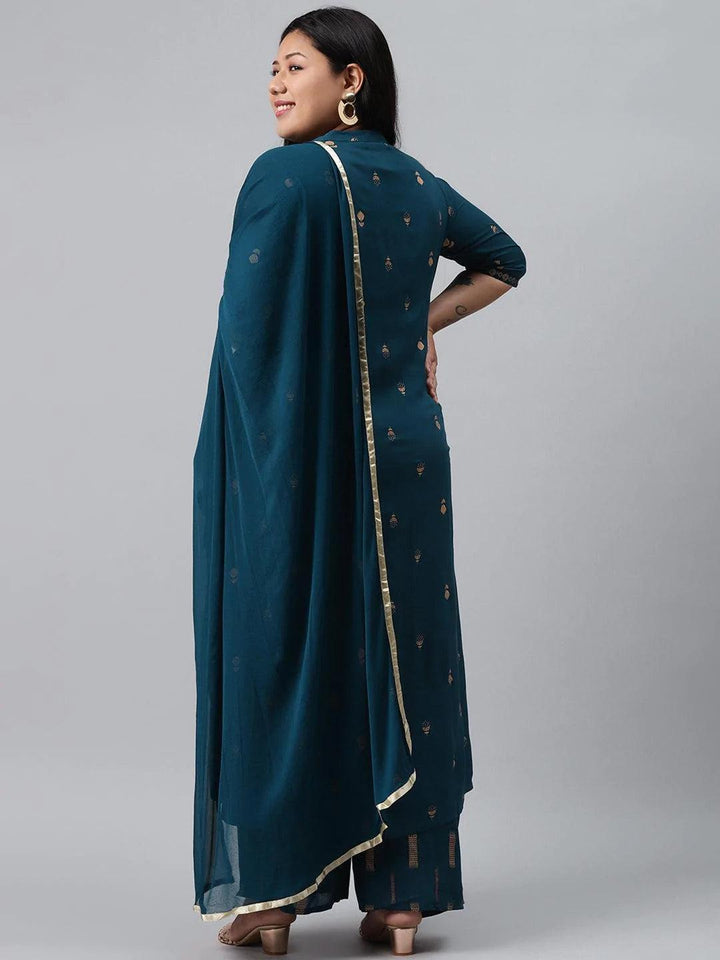 Plus Size Blue Printed Rayon Suit Set - ShopLibas