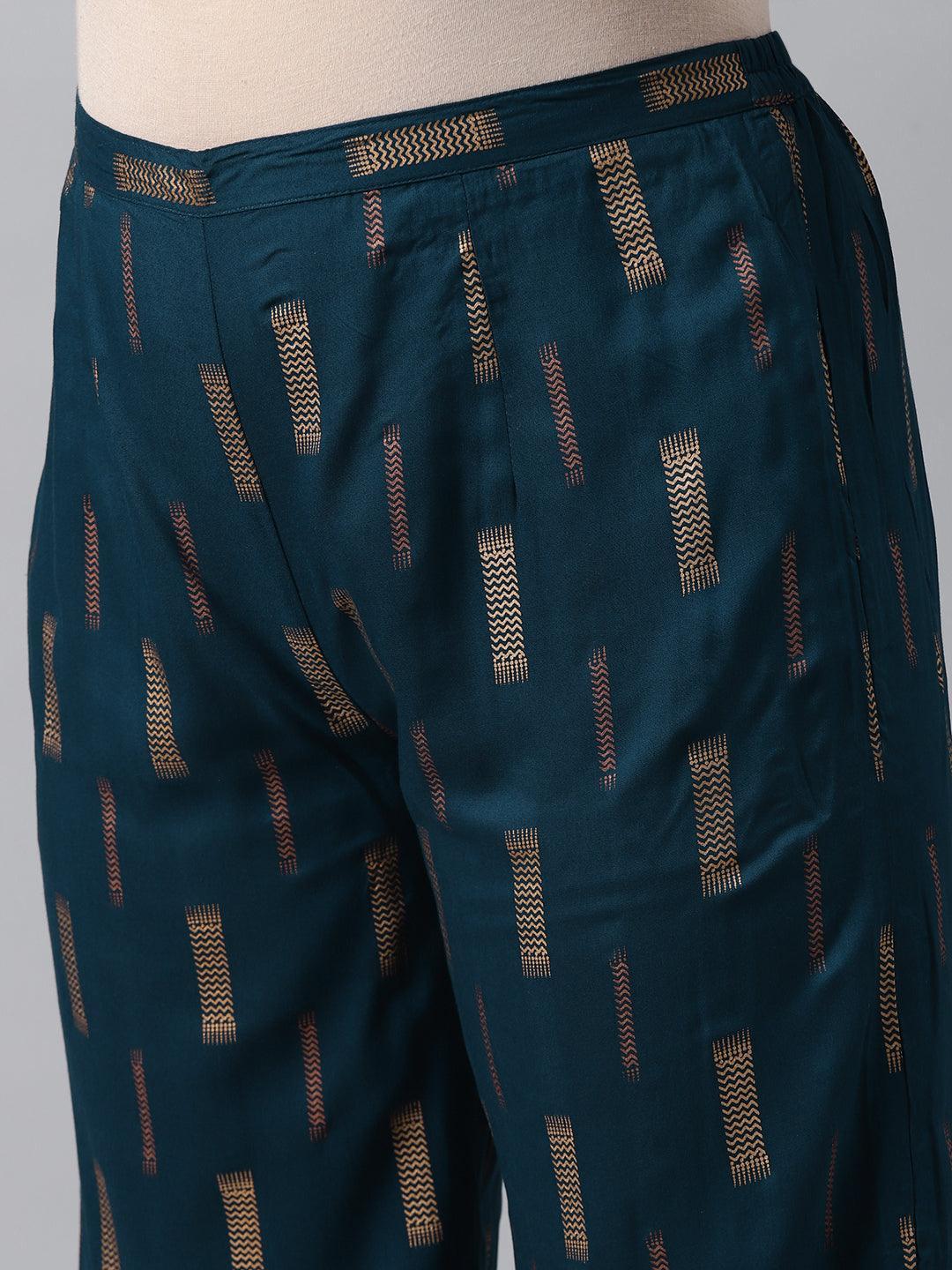 Plus Size Blue Printed Rayon Suit Set - ShopLibas