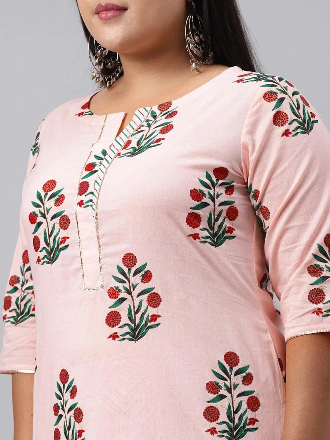 Plus Size Pink Printed Cotton Suit Set - ShopLibas