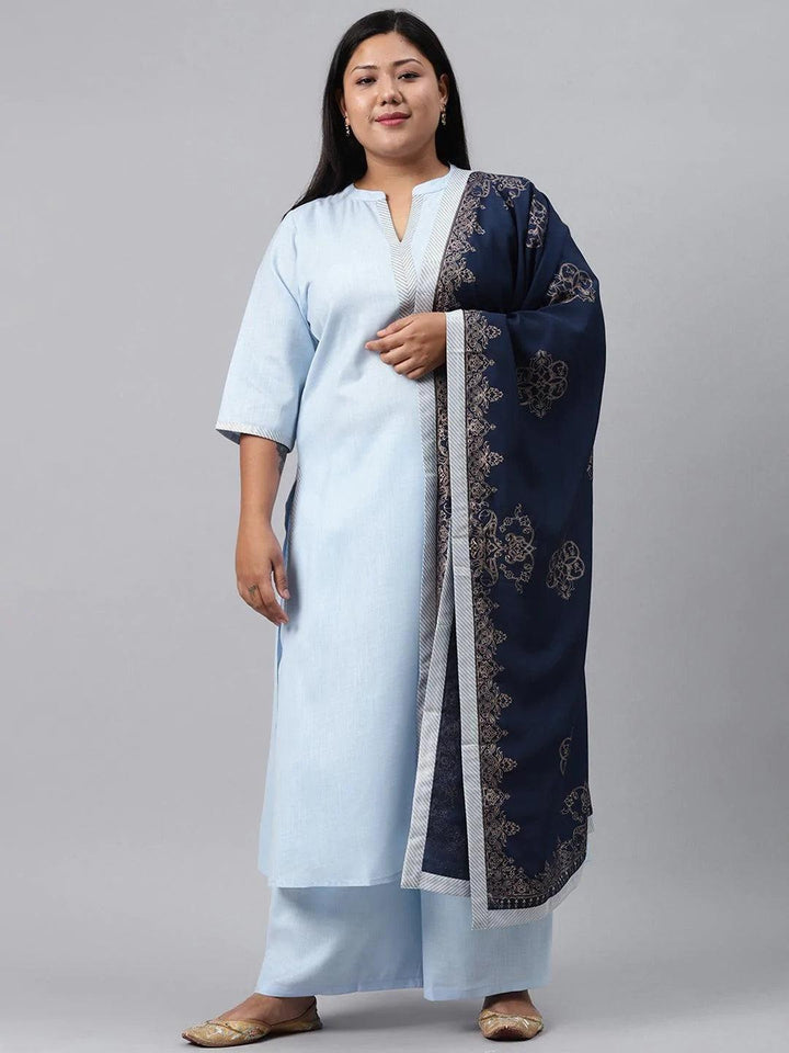 Plus Size Blue Solid Cotton Suit Set - ShopLibas