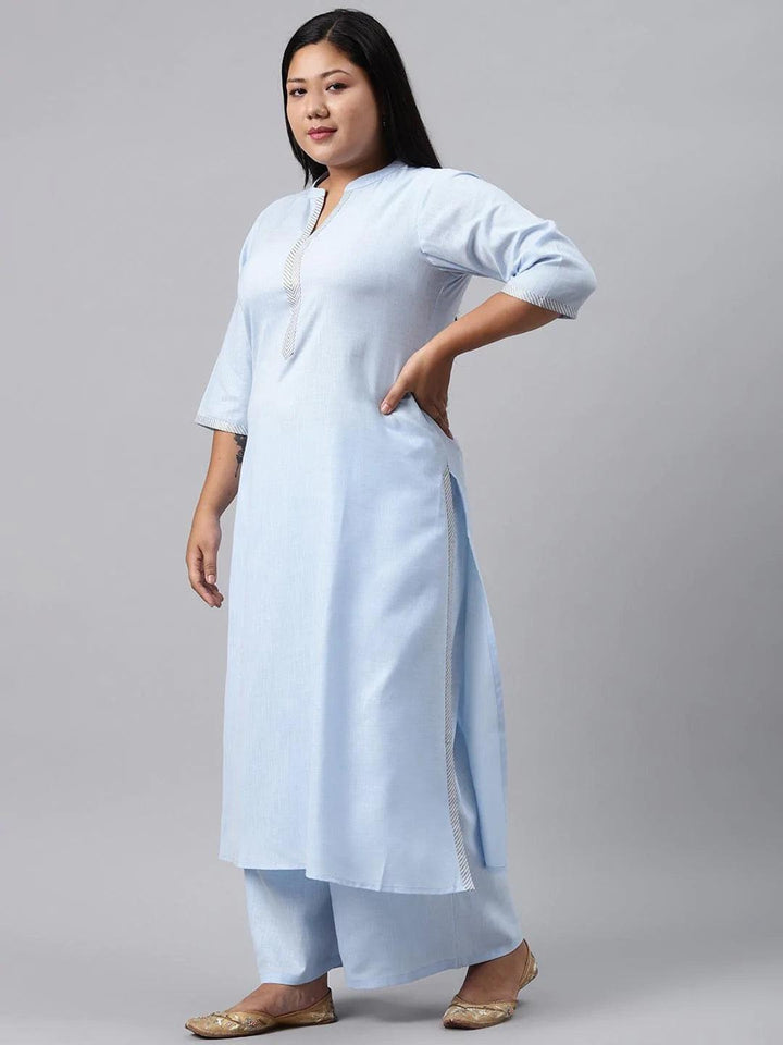 Plus Size Blue Solid Cotton Suit Set - ShopLibas