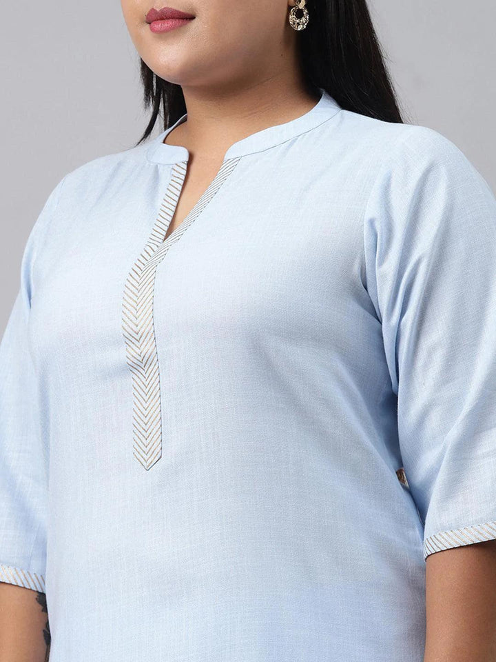 Plus Size Blue Solid Cotton Suit Set - ShopLibas