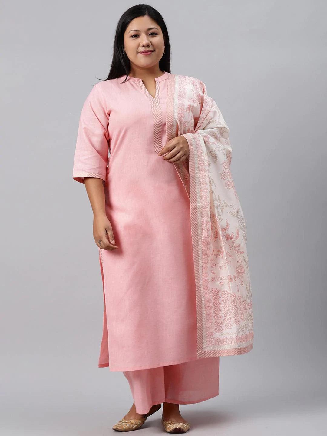 Plus Size Pink Solid Cotton Suit Set - ShopLibas