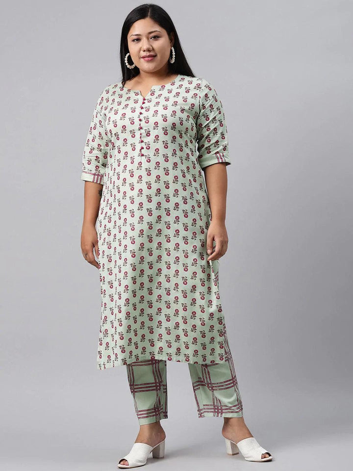 Plus Size Green Printed Cotton Kurta Set - ShopLibas