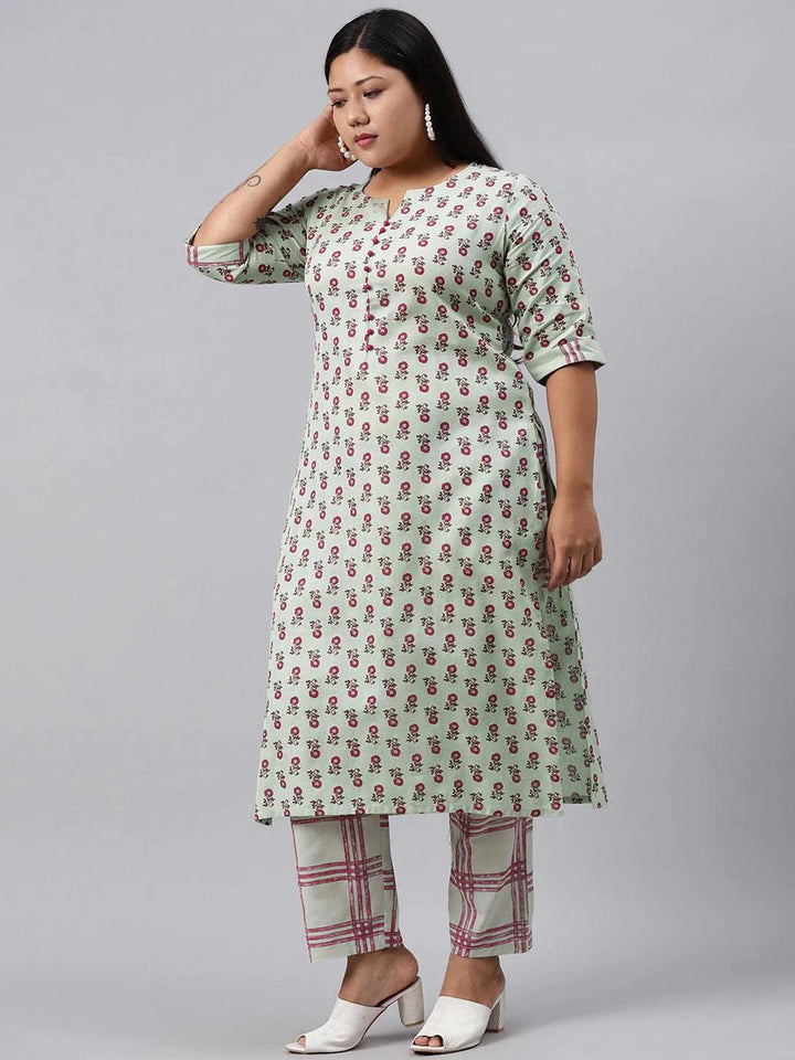 Plus Size Green Printed Cotton Kurta Set - ShopLibas
