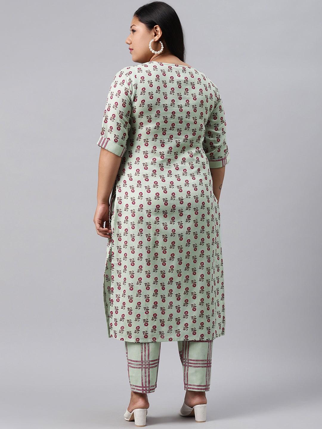 Plus Size Green Printed Cotton Kurta Set - ShopLibas