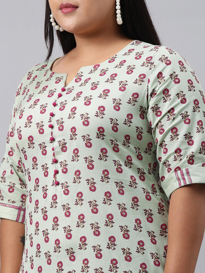 Plus Size Green Printed Cotton Kurta Set - ShopLibas