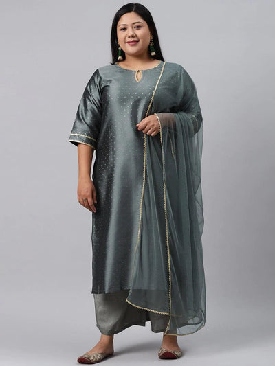 Plus Size Grey Woven Design Art Silk Suit Set - ShopLibas