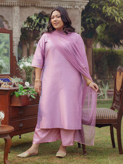Plus Size Purple Woven Design Art Silk Suit Set - ShopLibas