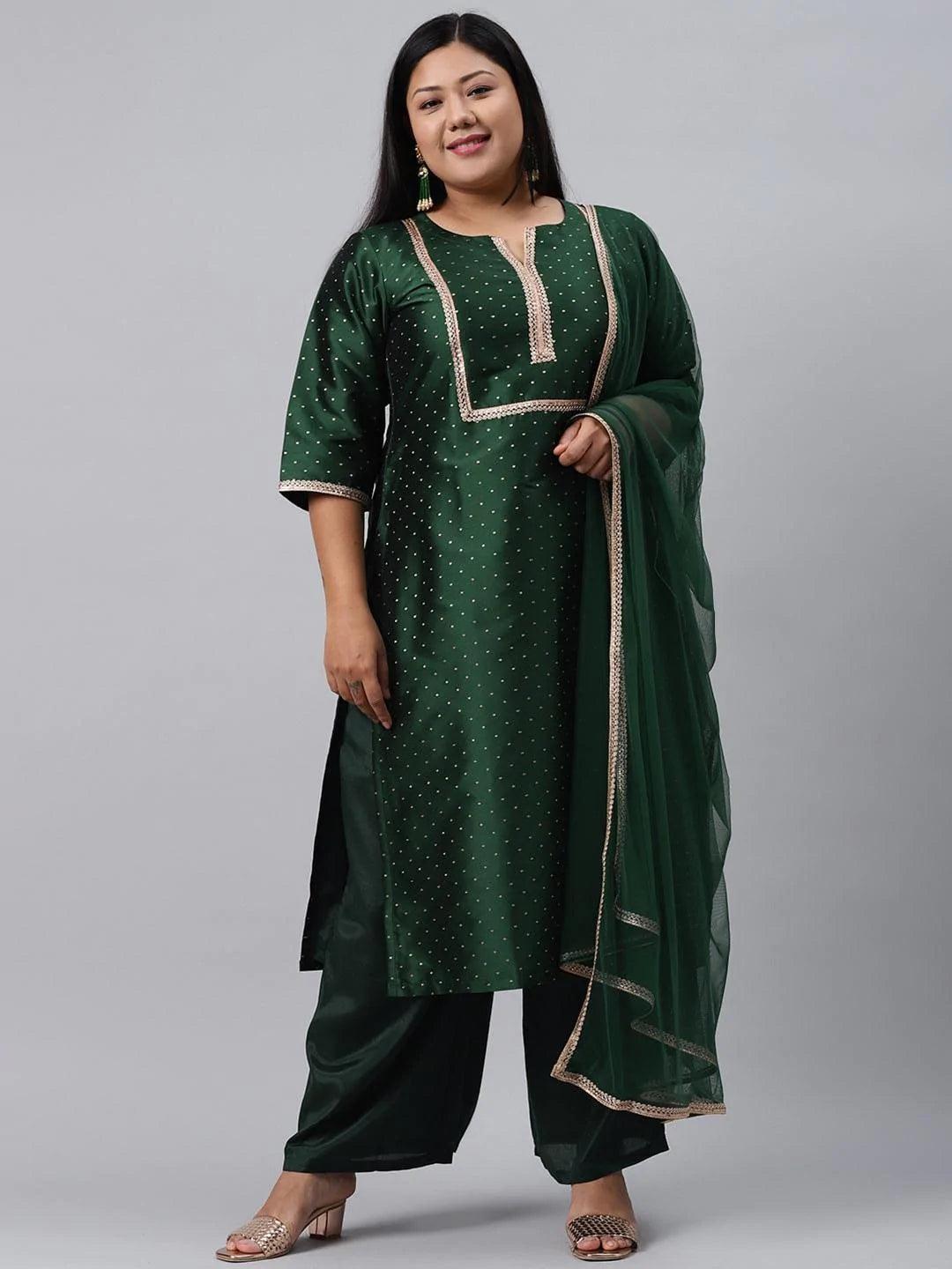 Plus Size Green Woven Design Art Silk Suit Set - ShopLibas