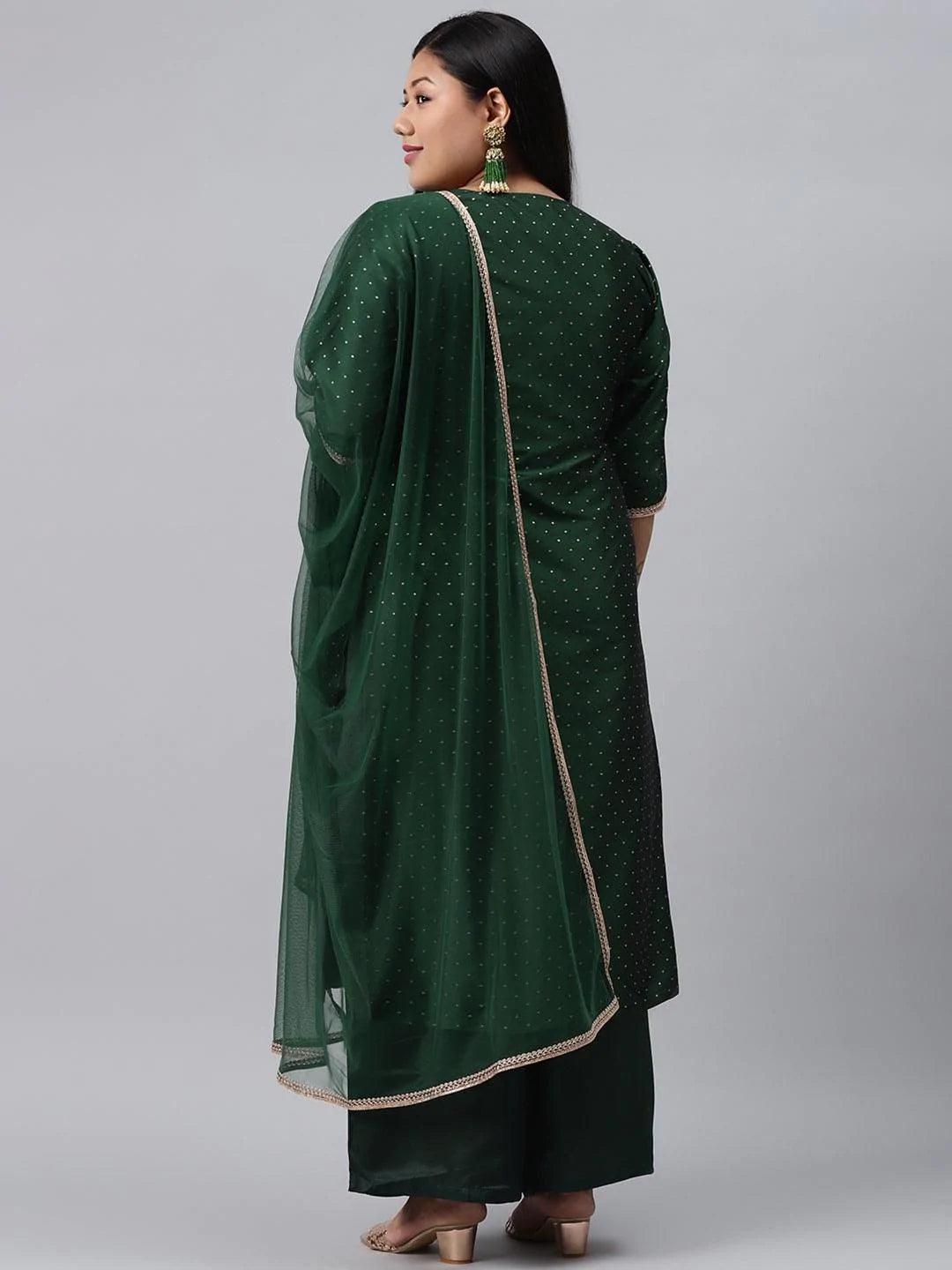 Plus Size Green Woven Design Art Silk Suit Set - ShopLibas 