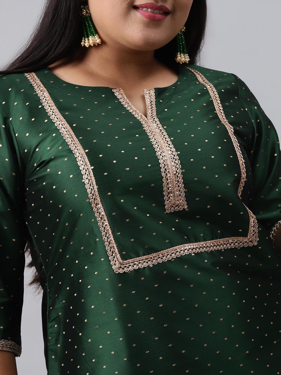 Plus Size Green Woven Design Art Silk Suit Set - ShopLibas 