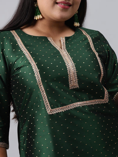 Plus Size Green Woven Design Art Silk Suit Set - ShopLibas